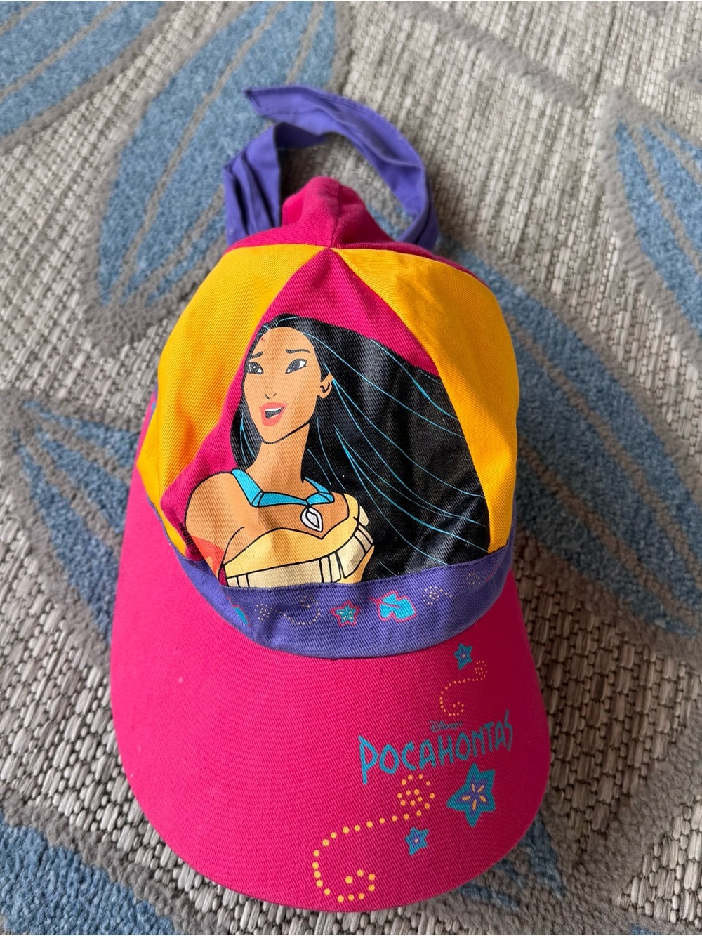 Vintage Disney Kids 90s Pocahontas Wide Duck‎ Brim Tie Hat Pink Purple